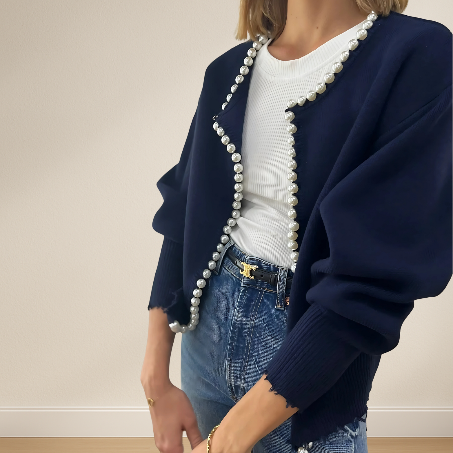 Damescardigan met decoratieve parels en rechte pasvorm