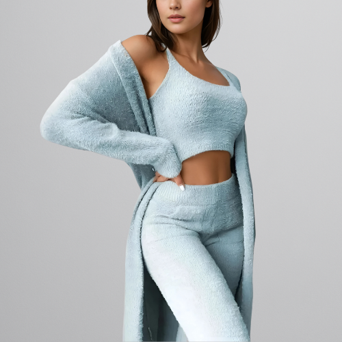 Dames 3-delige set met cropped top, broek en cardigan