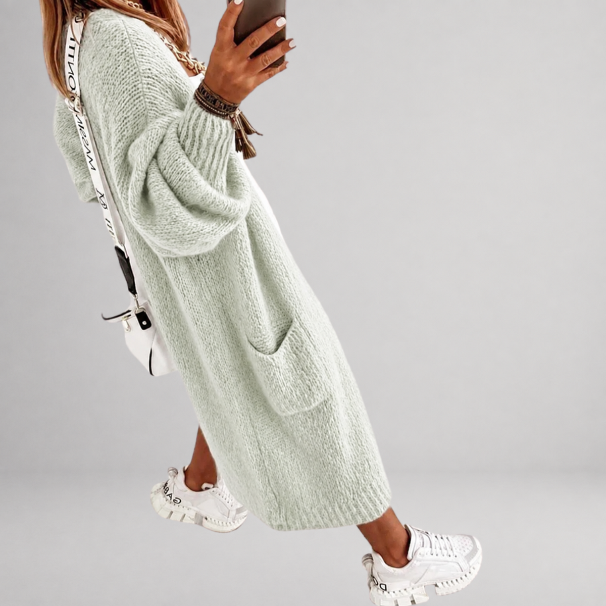 Dames oversized vest van gebreid materiaal – lange lengte met zakken