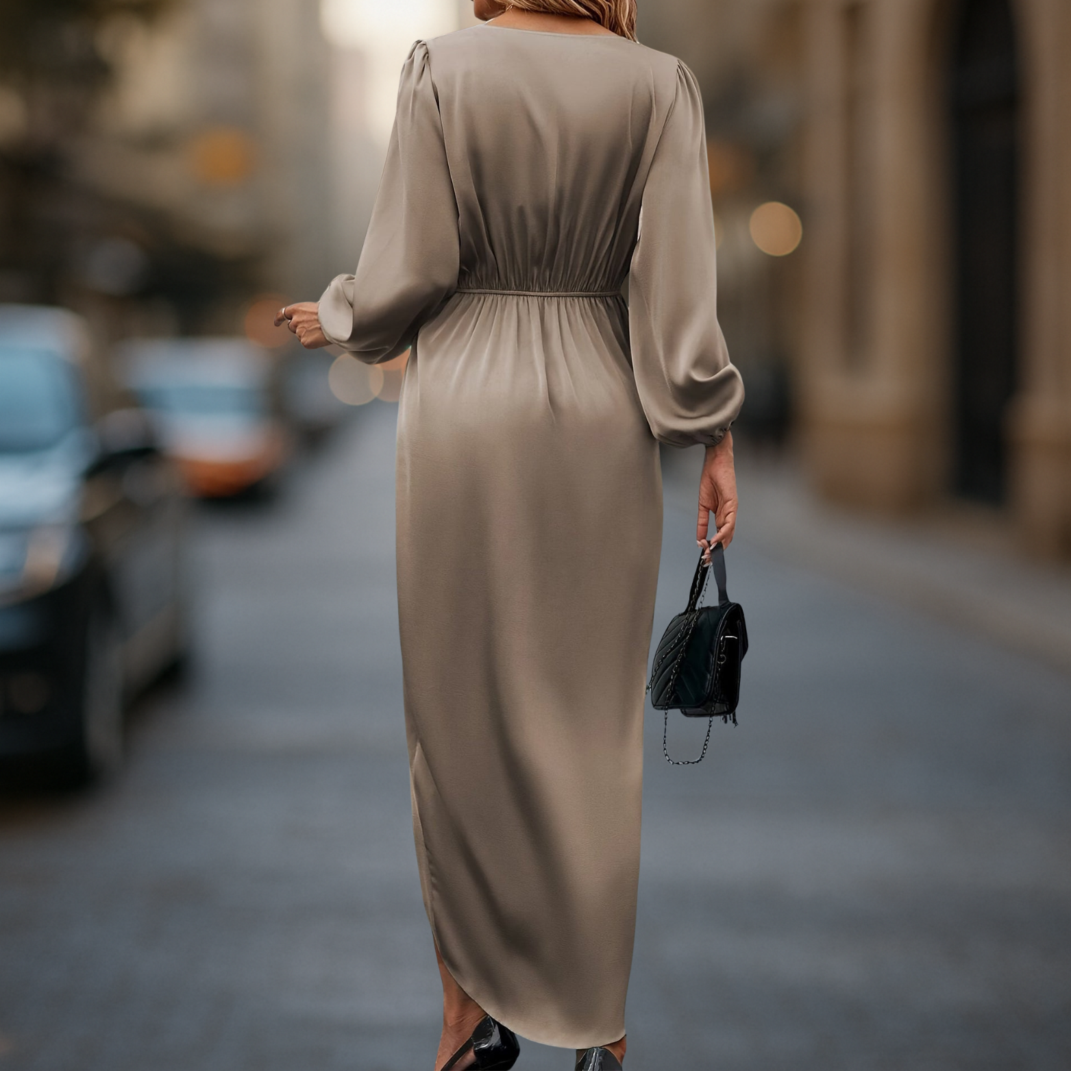 Damesjurk met satijnlook, lange mouwen en taille-accent