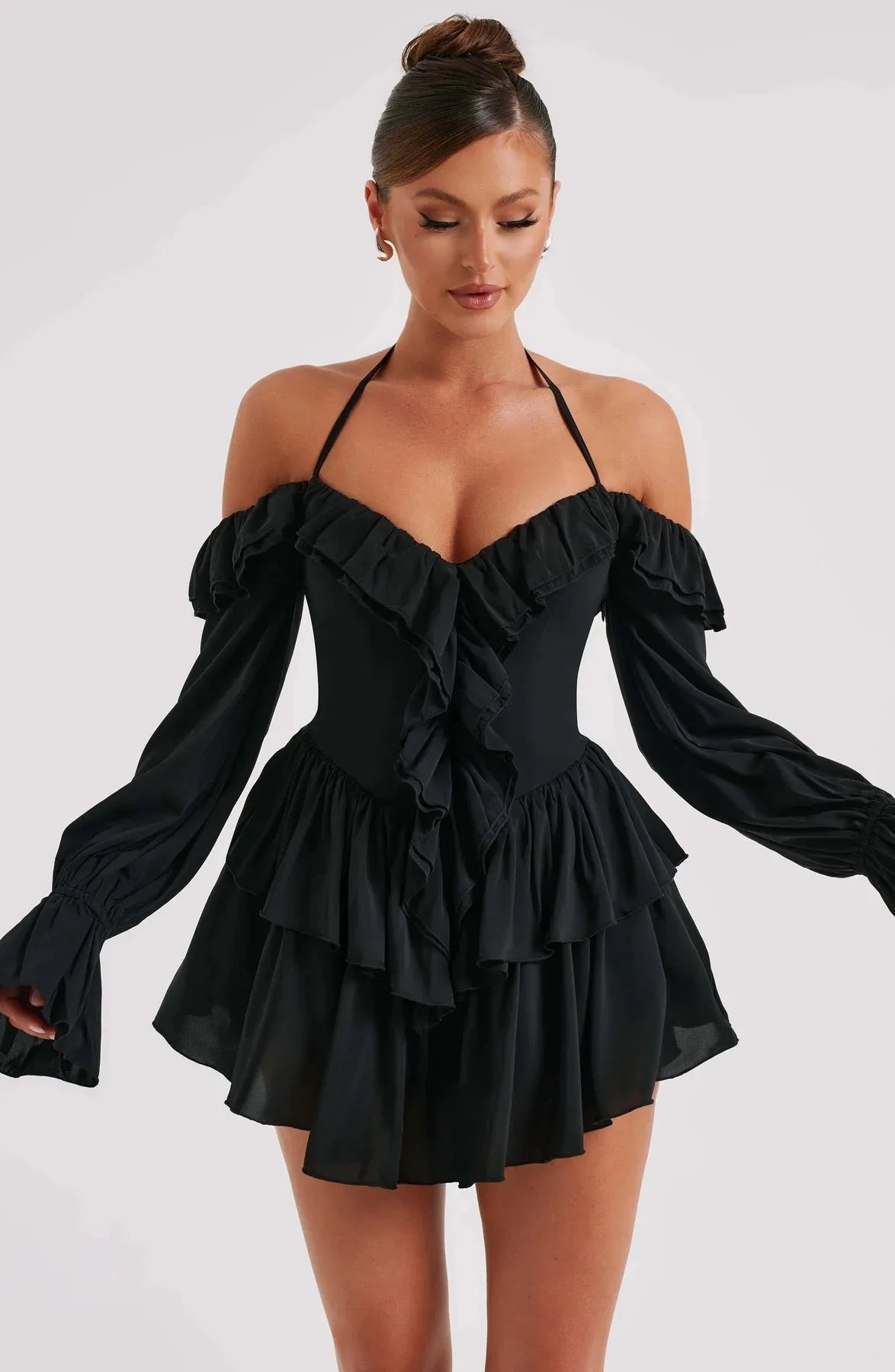 Celestia Off-Shoulder Mini Jurk β Jurk met Ruches & Wijde Mouwen