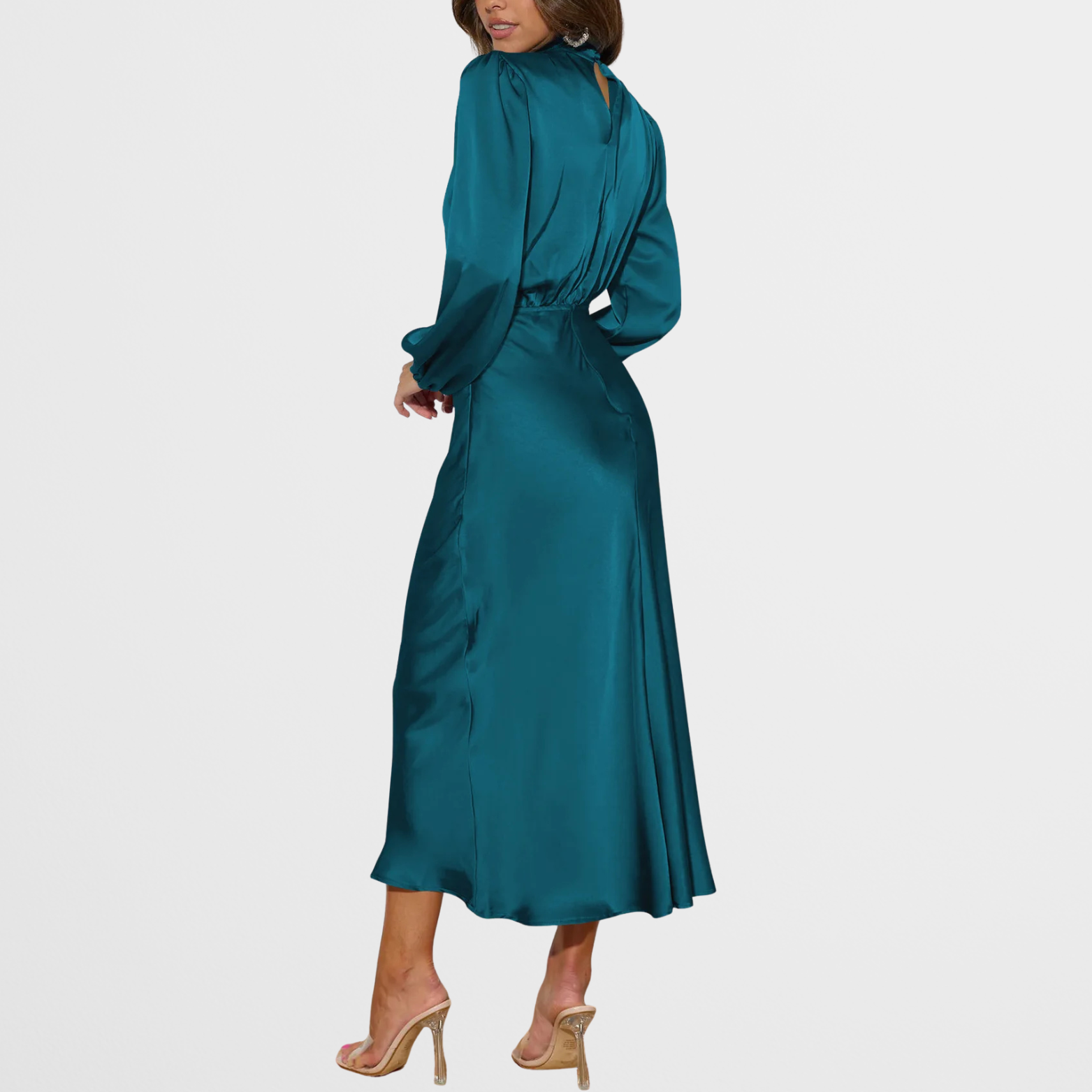 Satijnlook midi-jurk met hoge hals en lange mouwen