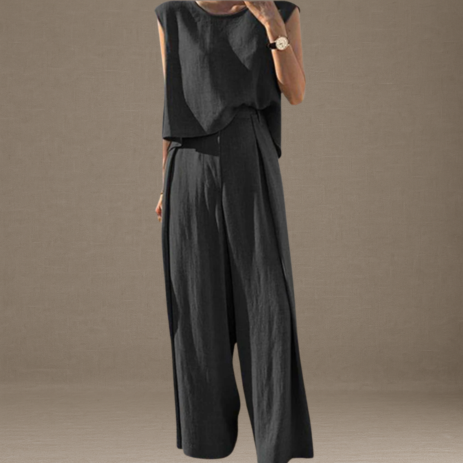 Tweedelige dames set van linnenmix met mouwloze top en broek