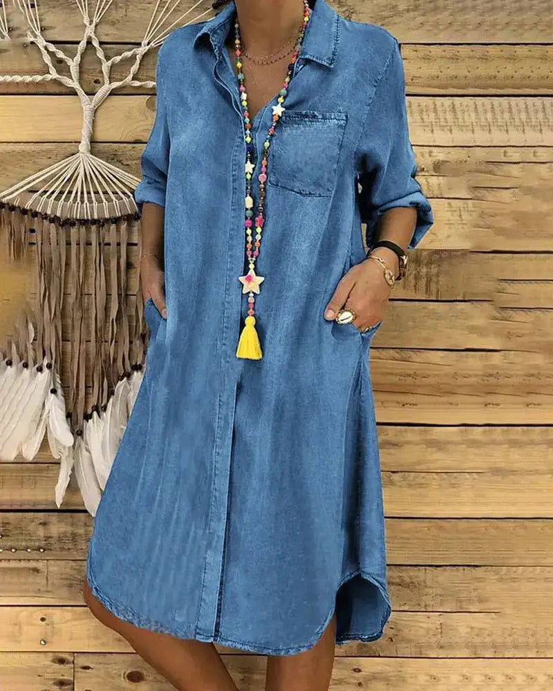 Liv – Denim Blousejurk met Knoopsluiting en Relaxte Pasvorm