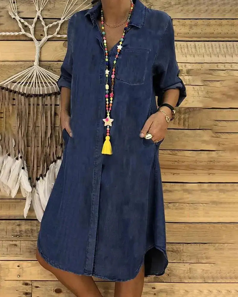 Liv – Denim Blousejurk met Knoopsluiting en Relaxte Pasvorm