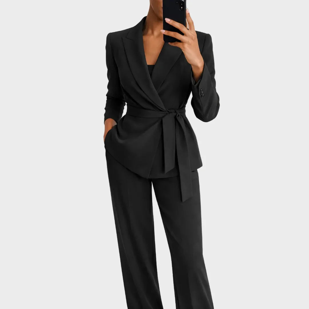 Dames Blazer en Broek Pak met Strikceintuur en Reverskraag