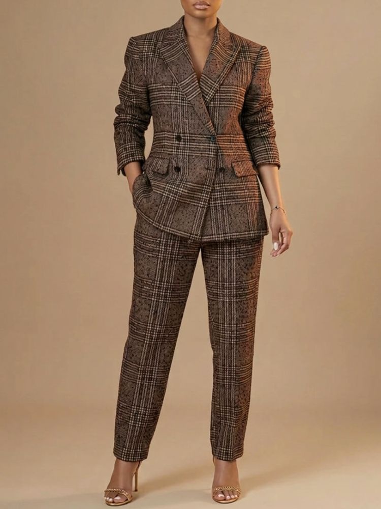 Dames Blazer en Pantalon Set met Geruit Patroon