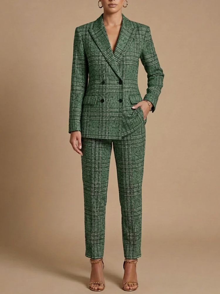 Dames Blazer en Pantalon Set met Geruit Patroon