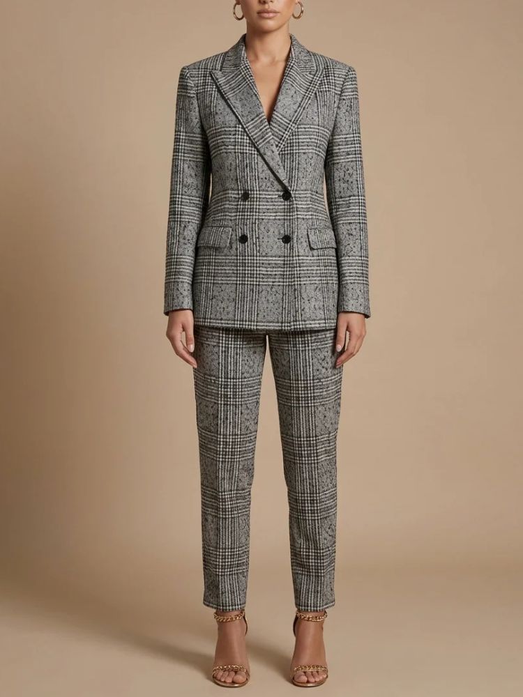 Dames Blazer en Pantalon Set met Geruit Patroon