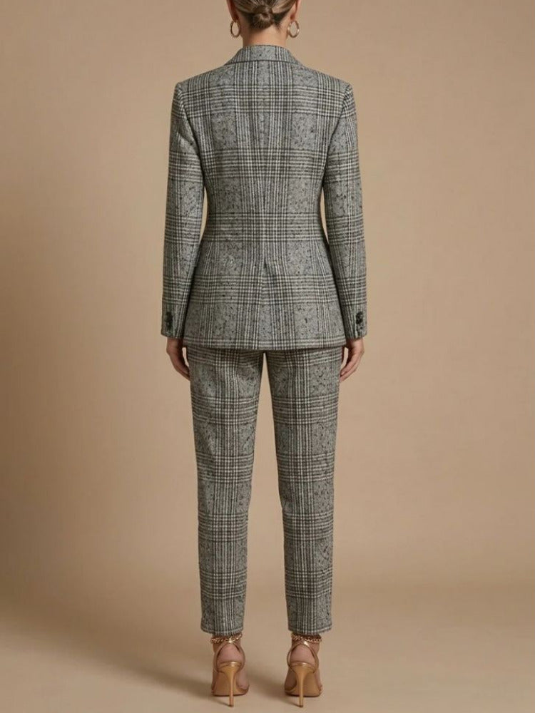 Dames Blazer en Pantalon Set met Geruit Patroon