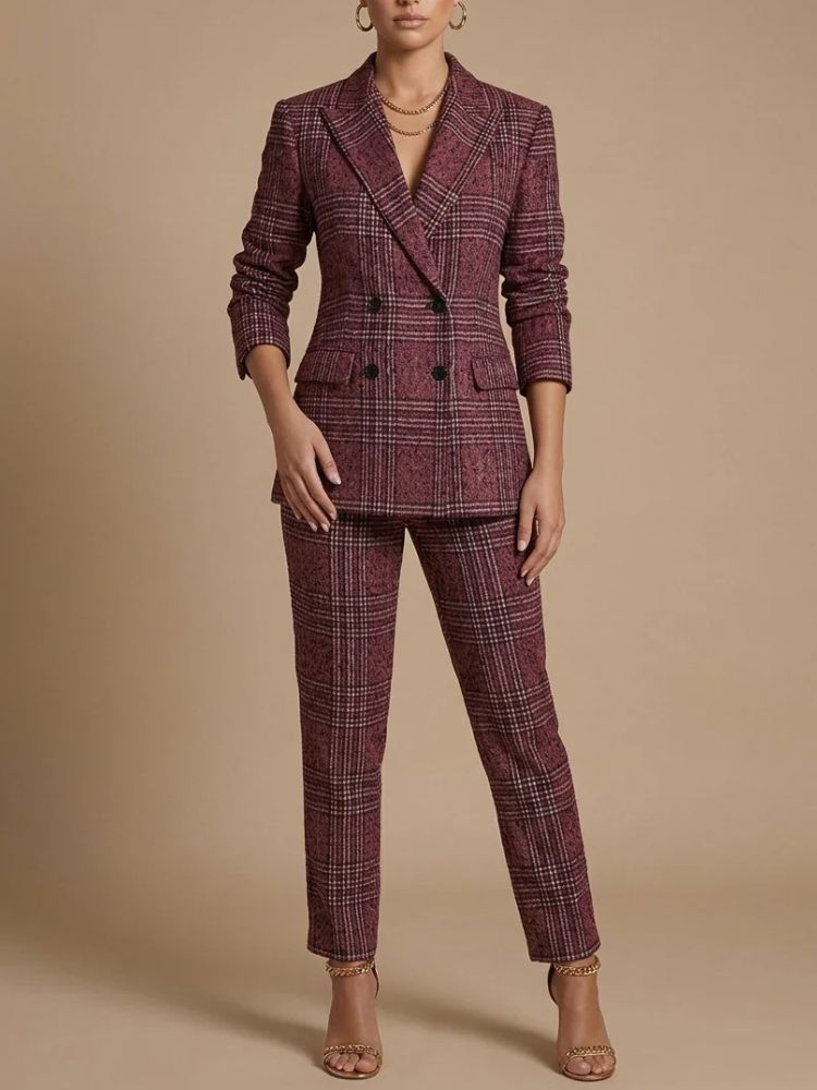 Dames Blazer en Pantalon Set met Geruit Patroon