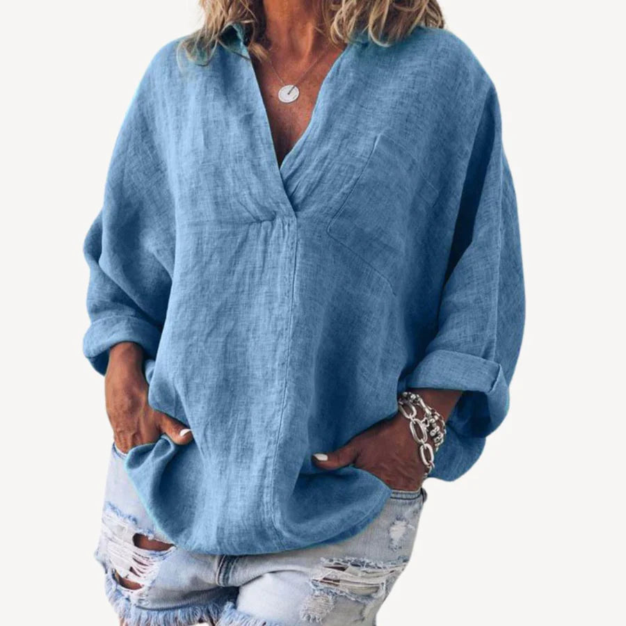 Dames Blouse met V-hals, Lange Mouwen en Borstzak