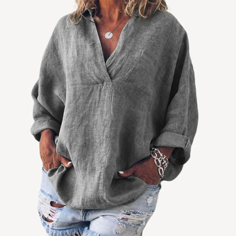Dames Blouse met V-hals, Lange Mouwen en Borstzak