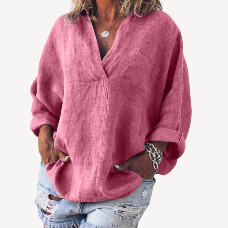 Dames Blouse met V-hals, Lange Mouwen en Borstzak