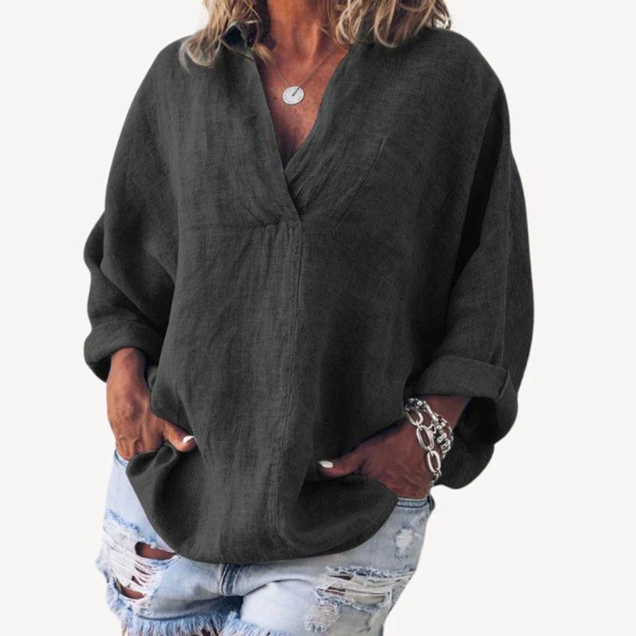 Dames Blouse met V-hals, Lange Mouwen en Borstzak