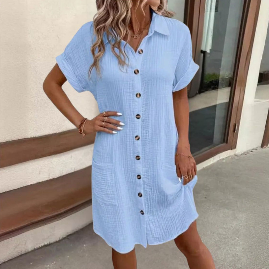 Dames Blousejurk met Knoopsluiting en Korte Mouwen