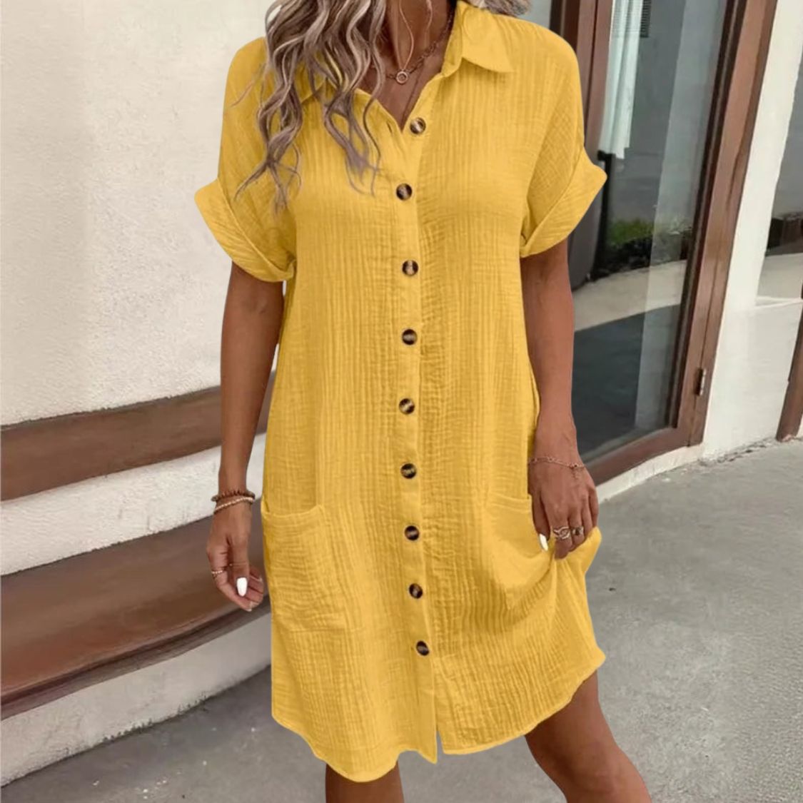 Dames Blousejurk met Knoopsluiting en Korte Mouwen