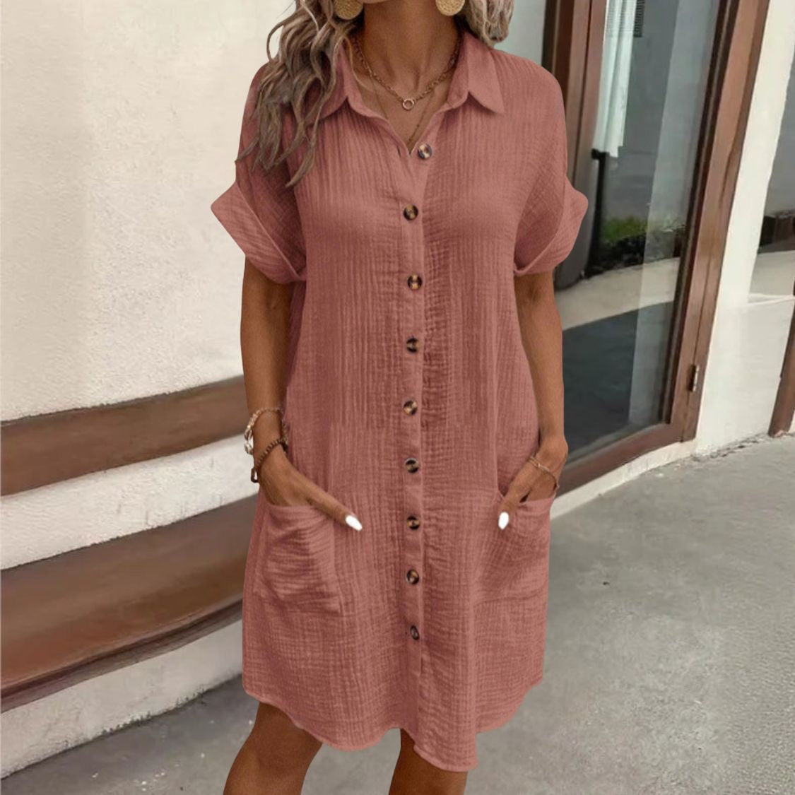 Dames Blousejurk met Knoopsluiting en Korte Mouwen