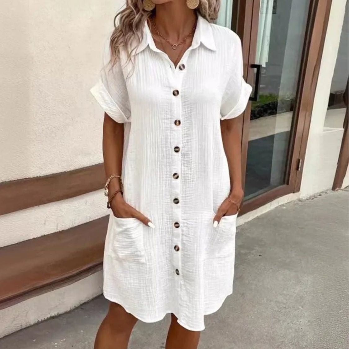 Dames Blousejurk met Knoopsluiting en Korte Mouwen