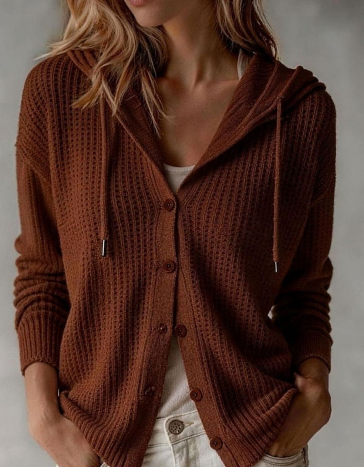 Dames Cardigan met Capuchon en Wafelstructuur