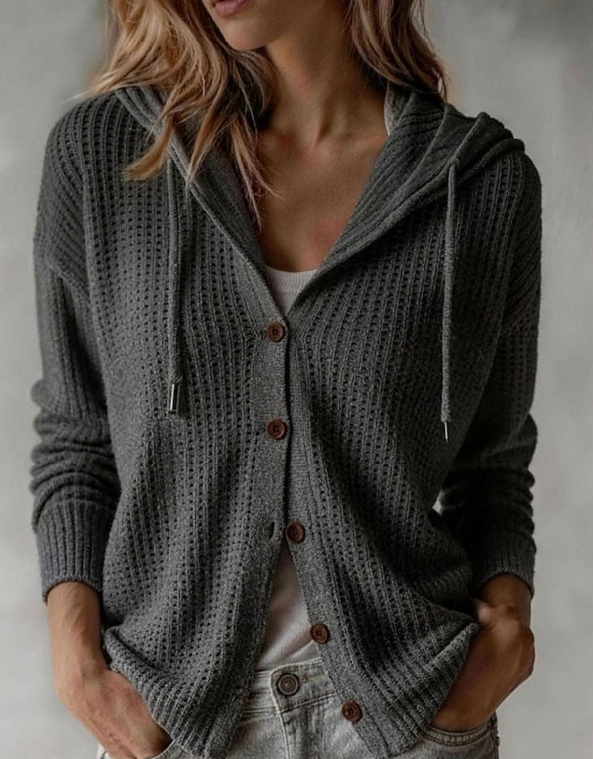 Dames Cardigan met Capuchon en Wafelstructuur