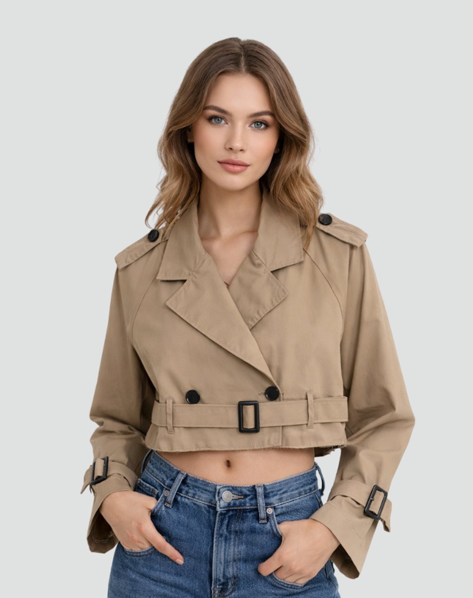 Dames Cropped Trenchcoat met Ceintuur en Reverskraag