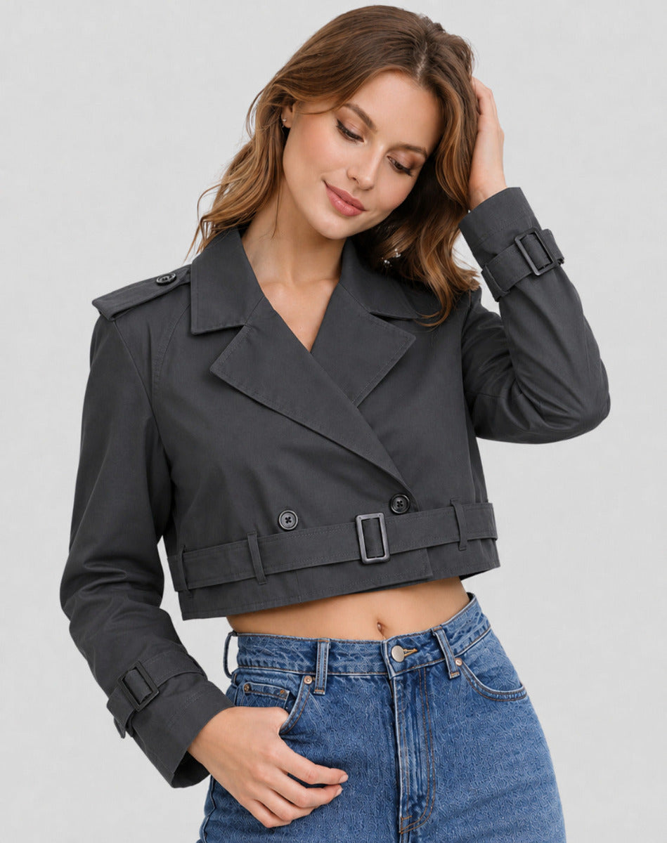 Dames Cropped Trenchcoat met Ceintuur en Reverskraag