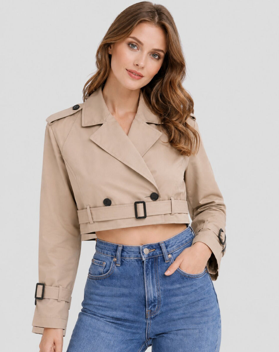 Dames Cropped Trenchcoat met Ceintuur en Reverskraag