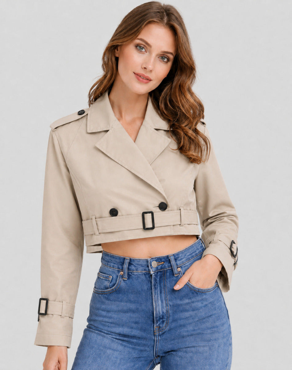 Dames Cropped Trenchcoat met Ceintuur en Reverskraag