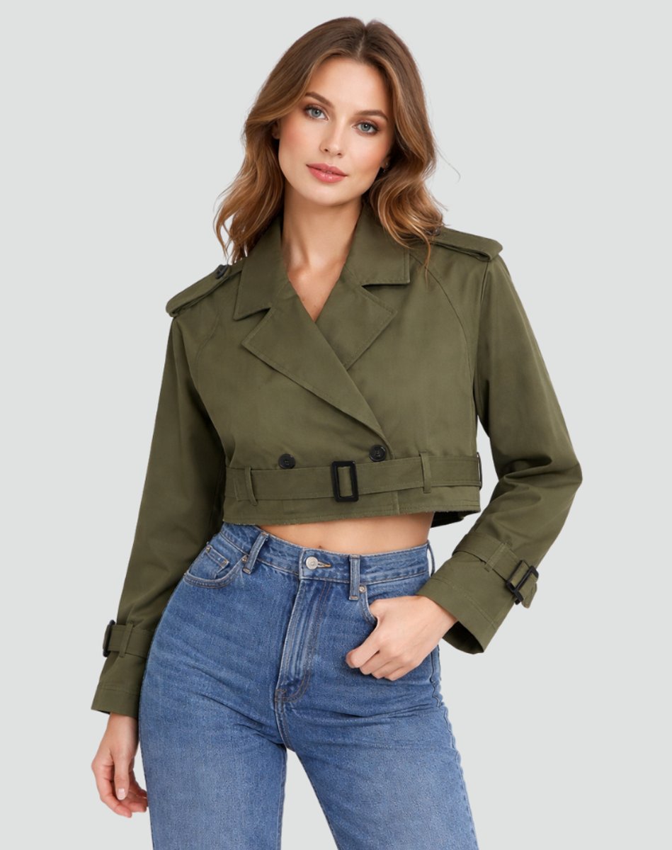 Dames Cropped Trenchcoat met Ceintuur en Reverskraag