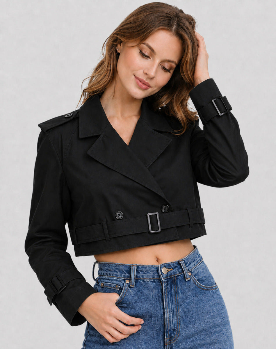Dames Cropped Trenchcoat met Ceintuur en Reverskraag