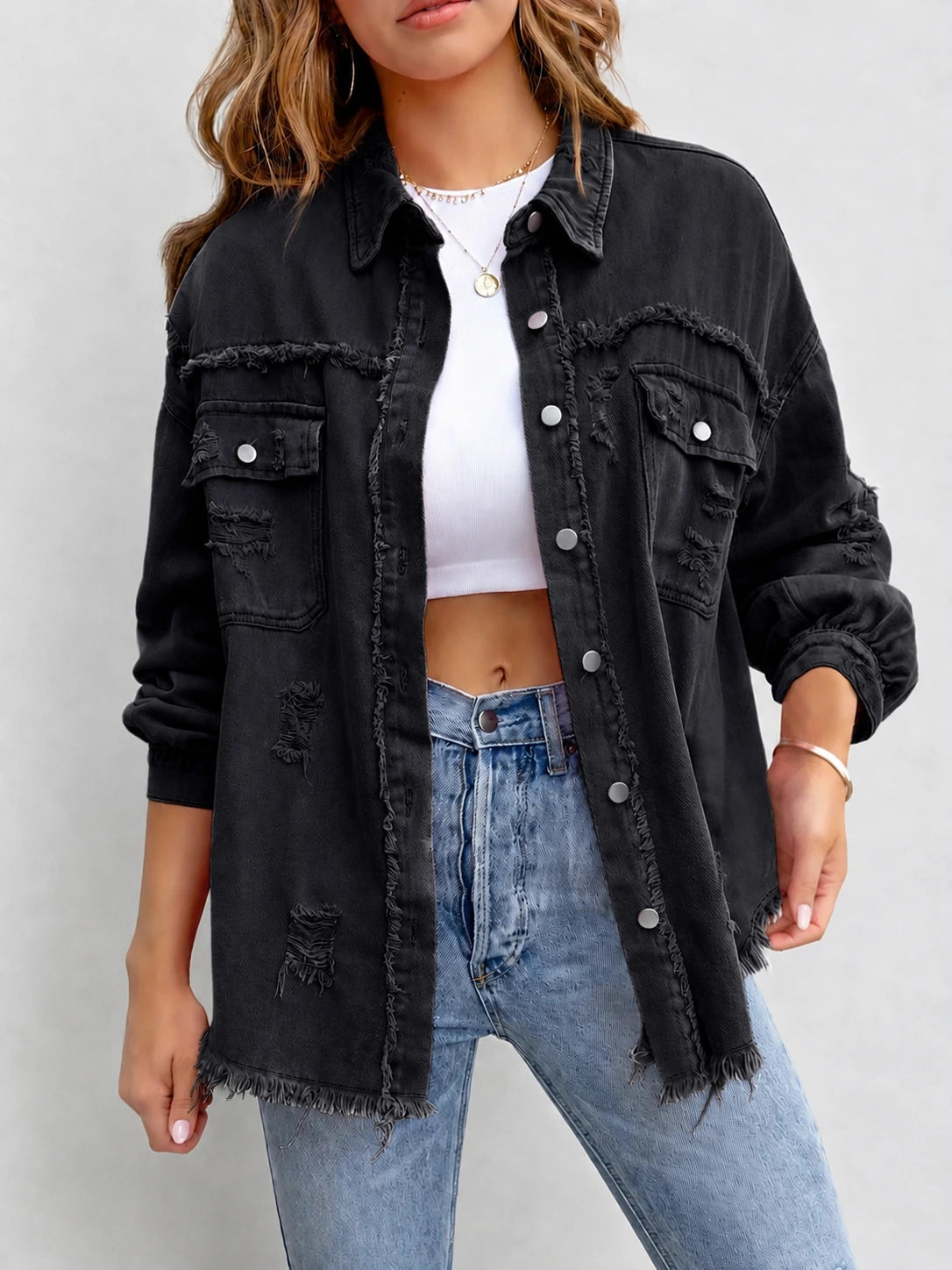 Dames Denim Jack met Gescheurde Details en Drukknopen