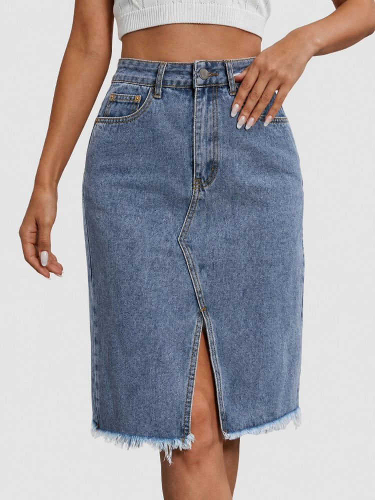Dames Denim Midi Rok met Hoge Taille en Voorsplit