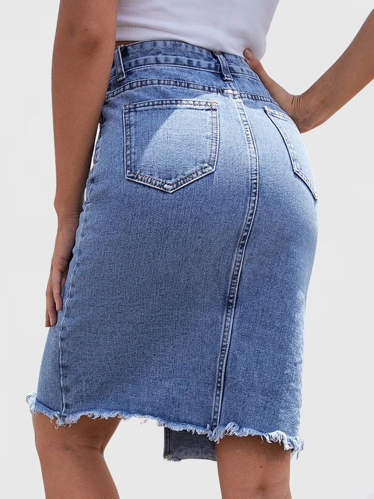 Dames Denim Midi Rok met Hoge Taille en Voorsplit