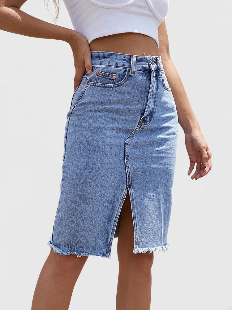 Dames Denim Midi Rok met Hoge Taille en Voorsplit