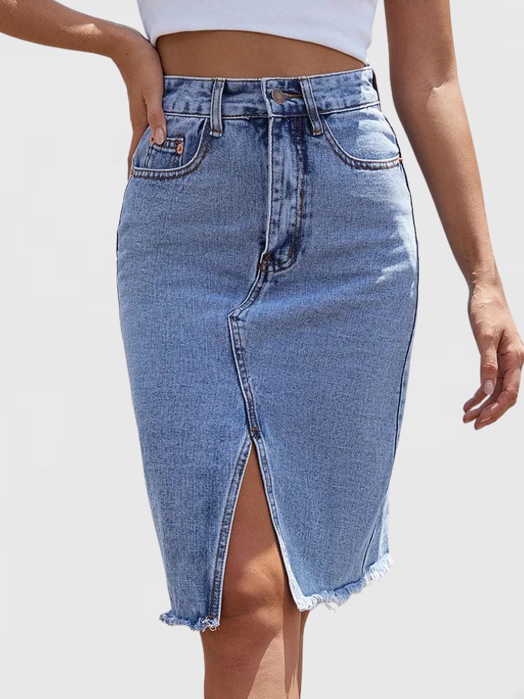 Dames Denim Midi Rok met Hoge Taille en Voorsplit