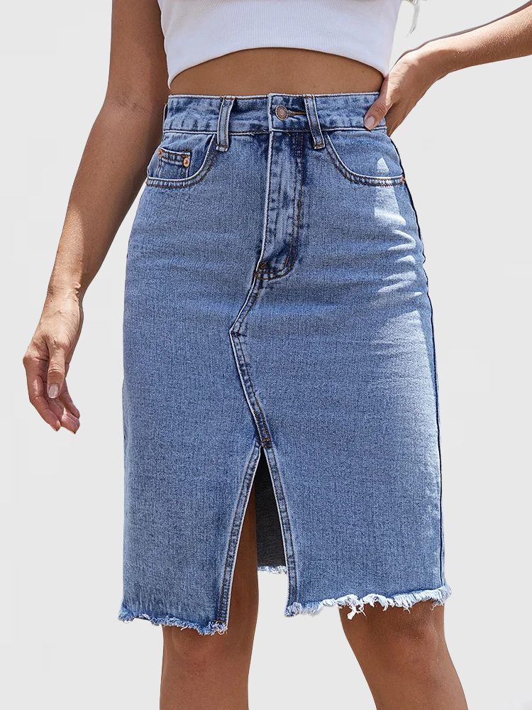 Dames Denim Midi Rok met Hoge Taille en Voorsplit