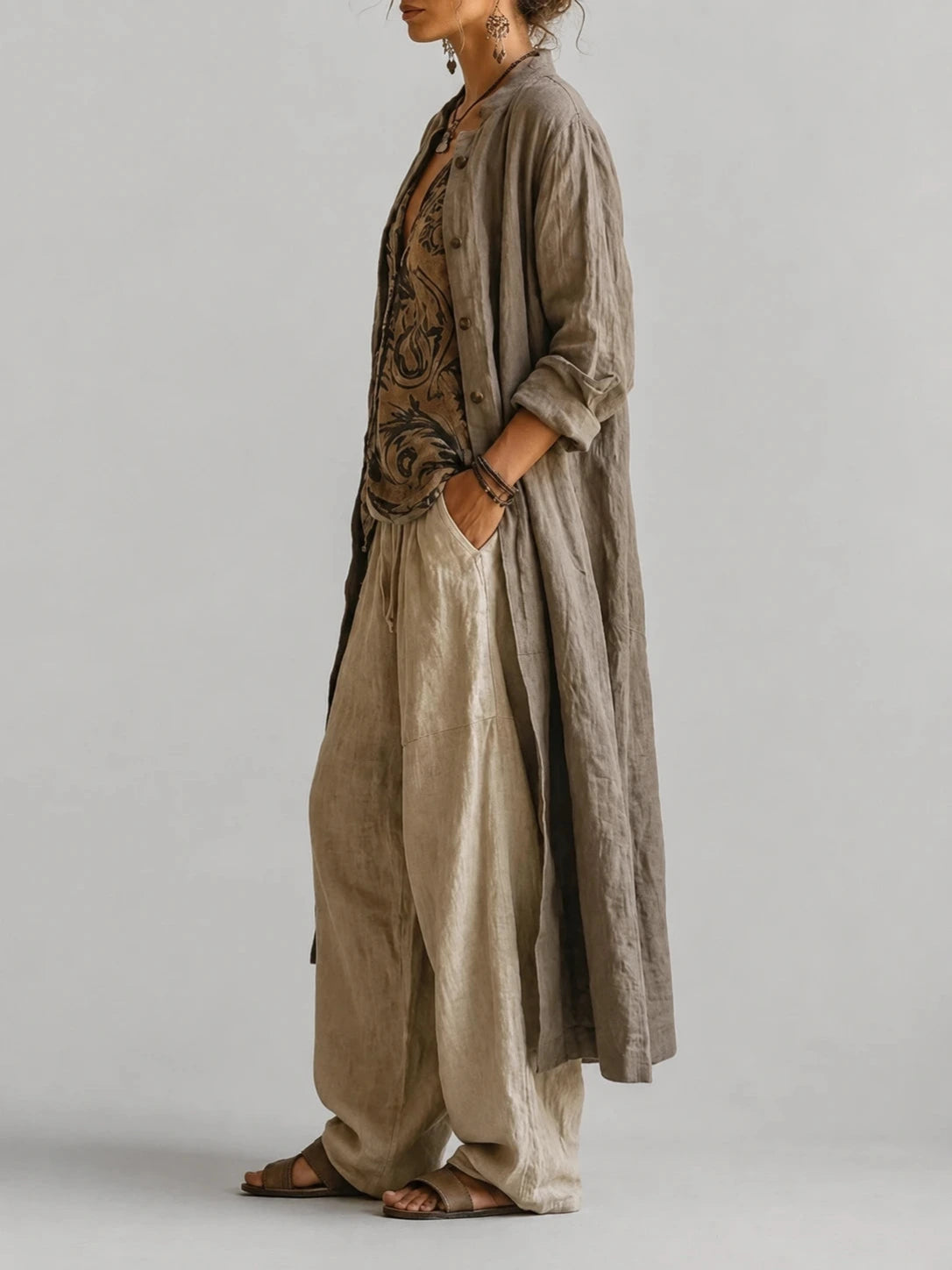 Dames Driedelige Linnenmix Set met Top, Wijde Broek en Lange Cardigan
