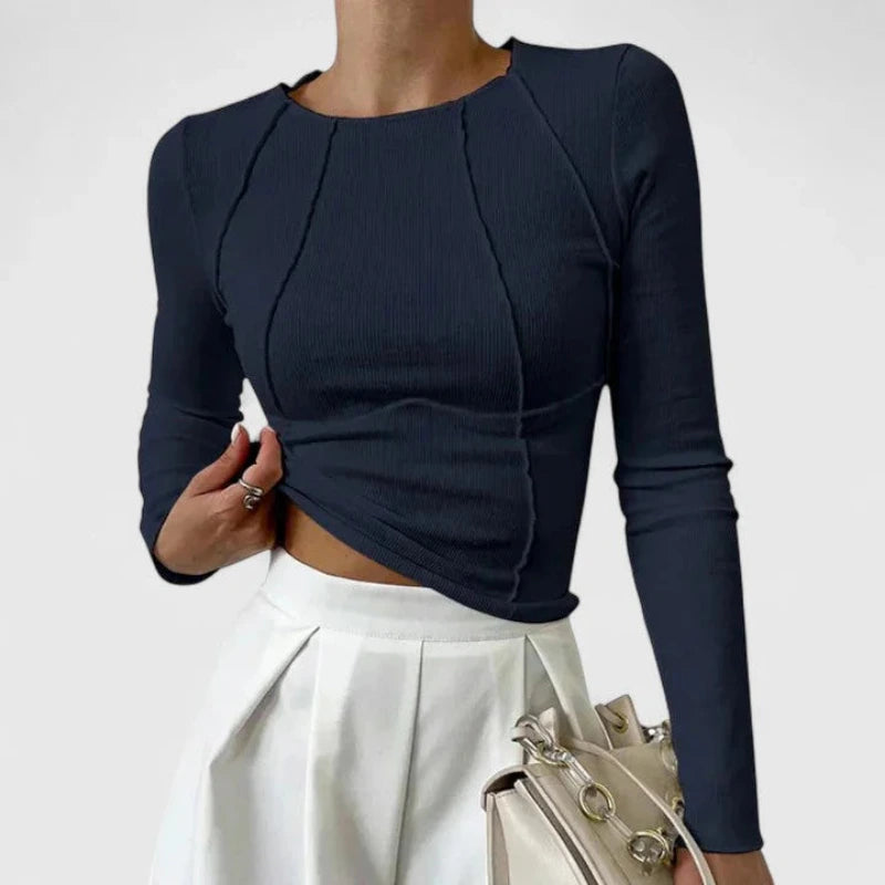 Dames Geribd Shirt met Ronde Hals en Lange Mouwen