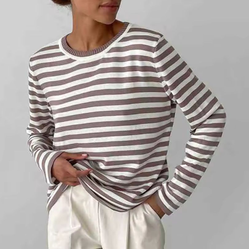 Dames Gestreept Longsleeve Shirt met Ronde Hals