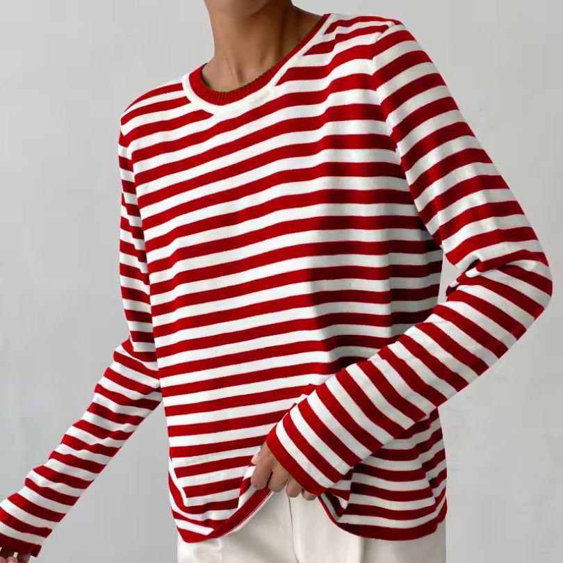Dames Gestreept Longsleeve Shirt met Ronde Hals