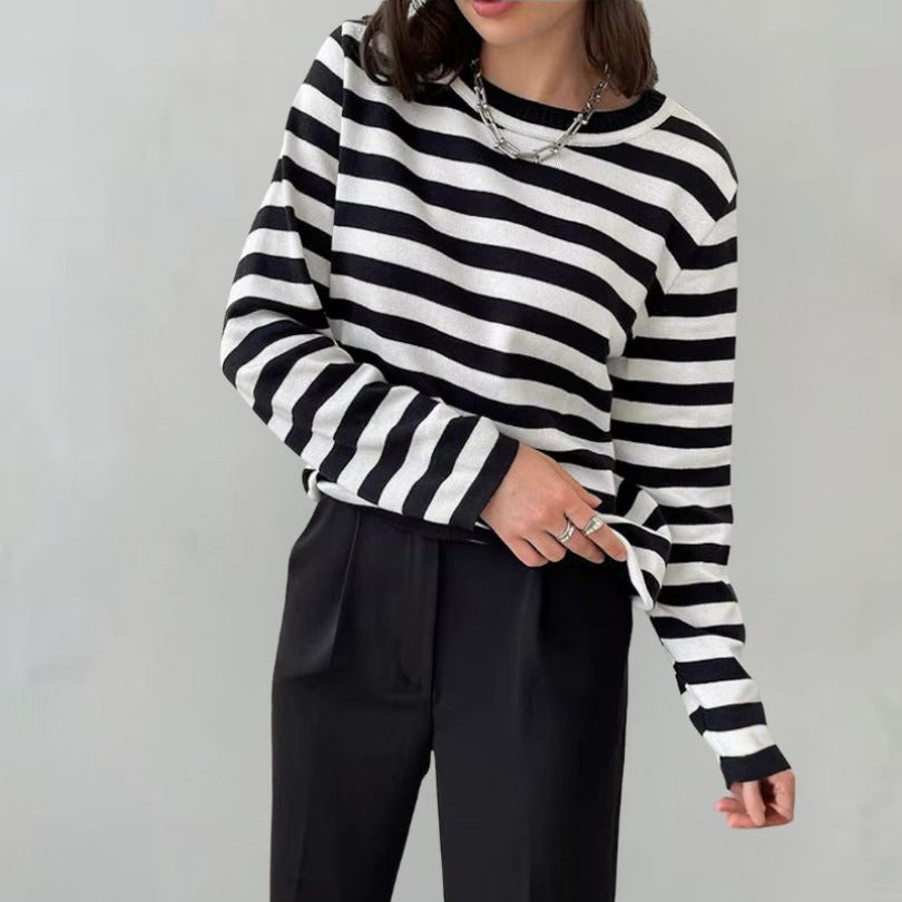 Dames Gestreept Longsleeve Shirt met Ronde Hals