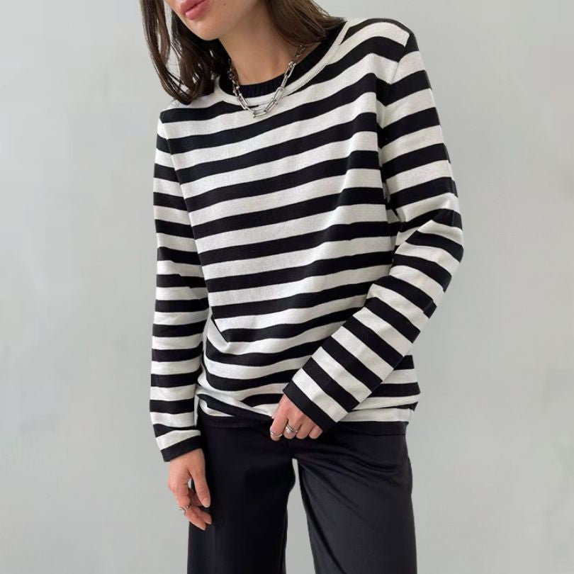 Dames Gestreept Longsleeve Shirt met Ronde Hals