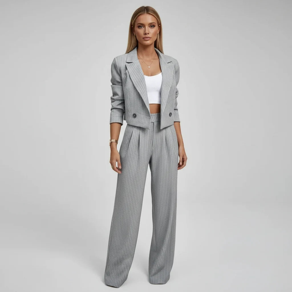 Dames Gestreepte Blazerset met Blazer en Wijde Pantalon