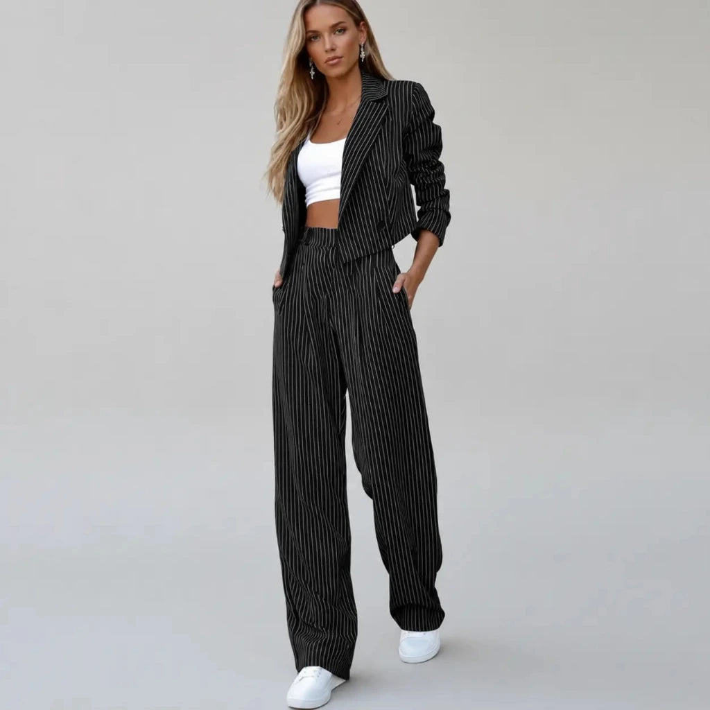 Dames Gestreepte Blazerset met Blazer en Wijde Pantalon