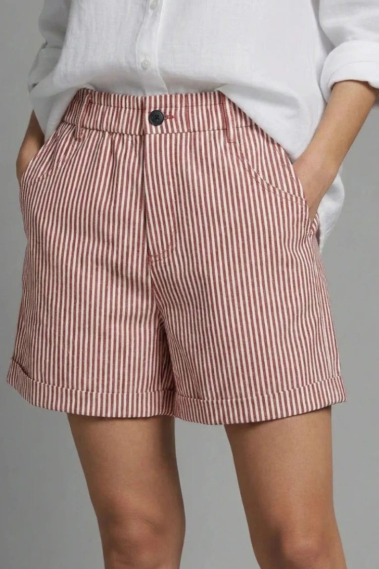 Dames Gestreepte Korte Broek met Hoge Taille en Omgeslagen Zoom