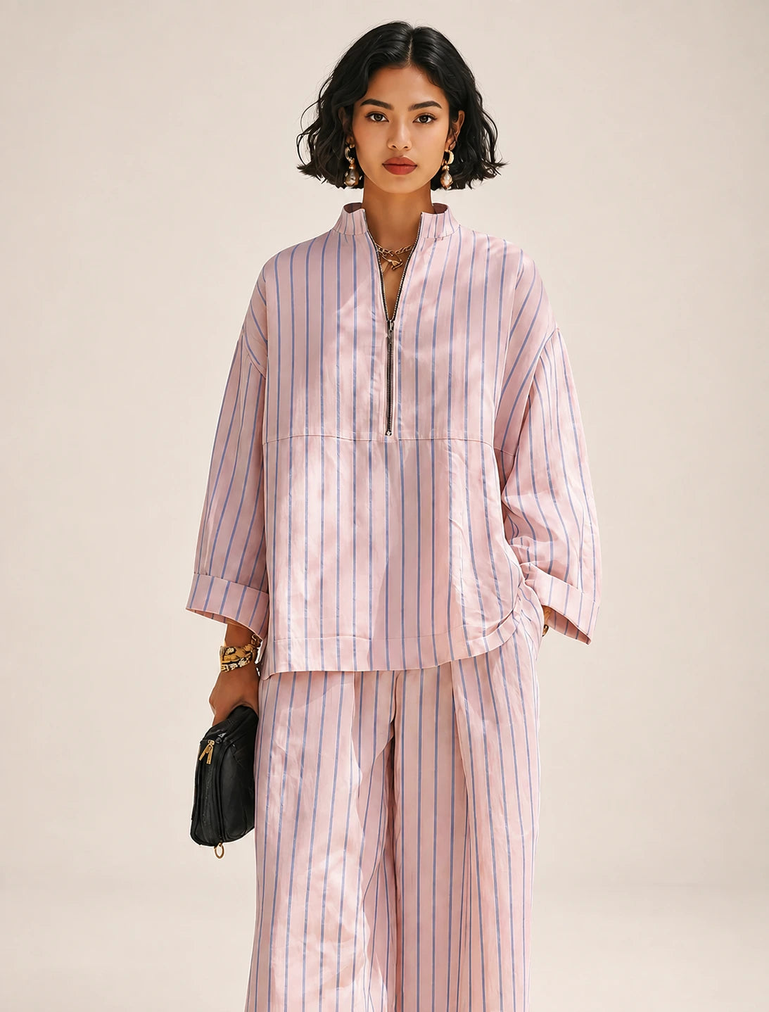 Dames Gestreepte Tweedelige Set met Top en Wijde Broek