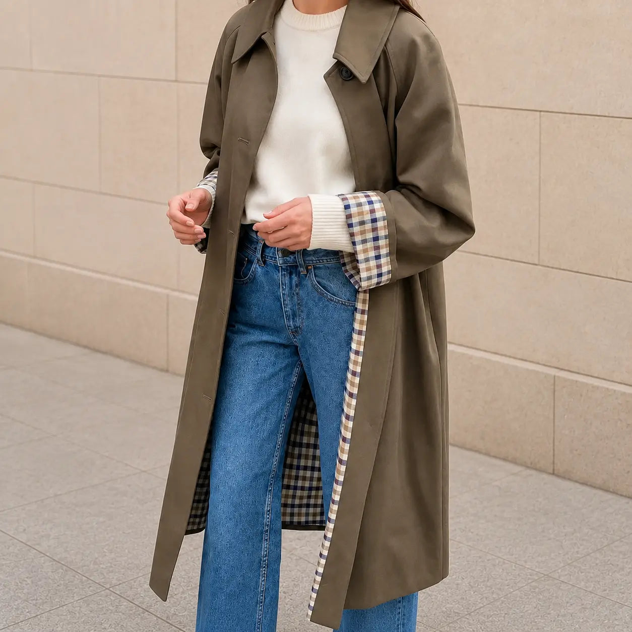 Dames Lange Trenchcoat met Geruite Voering en Reverskraag