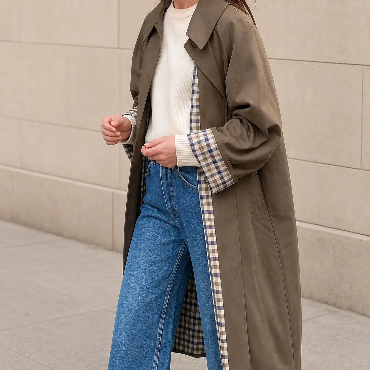 Dames Lange Trenchcoat met Geruite Voering en Reverskraag