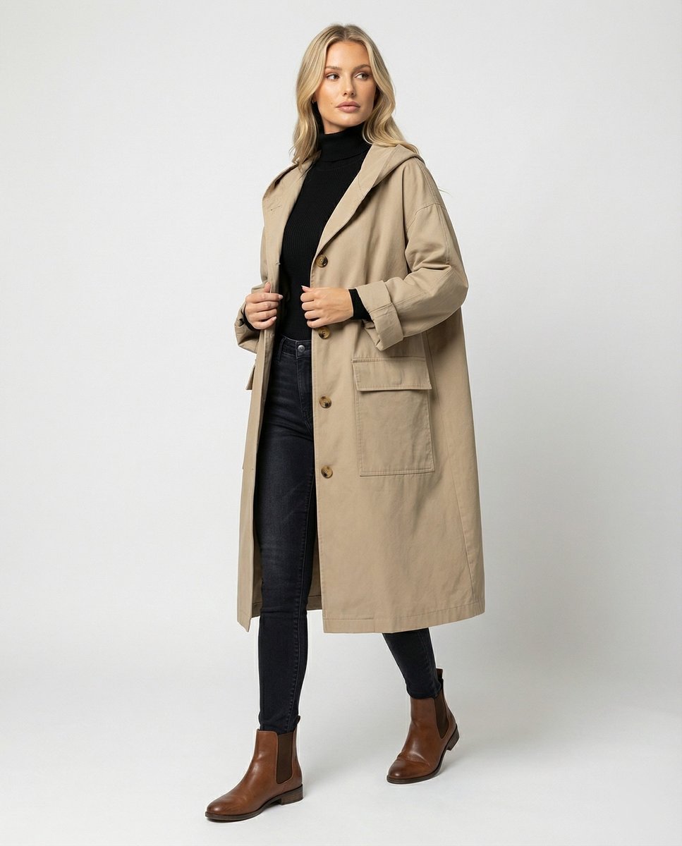 Dames Lange Waterafstotende Trenchcoat met Capuchon en Knoopsluiting